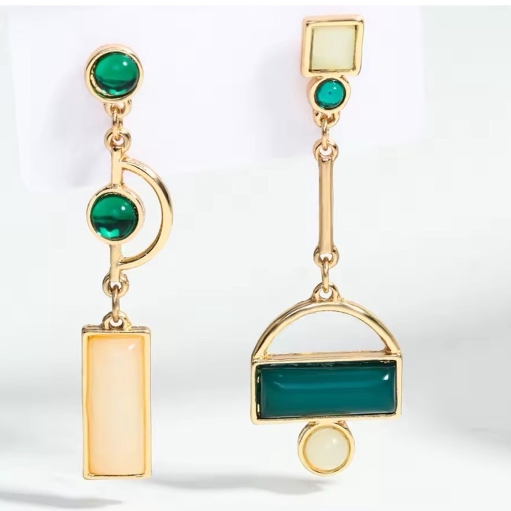 Gold Green Asymmetrical Geometric Earrings - Picture 3 of 13